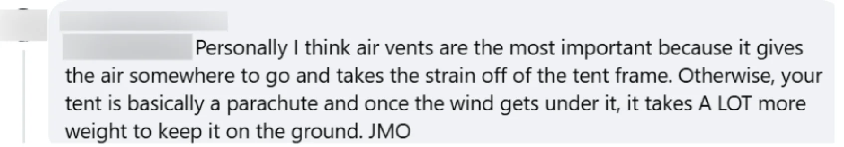 A comment on a facebook post talking about how important air vents in tents are for vendors.