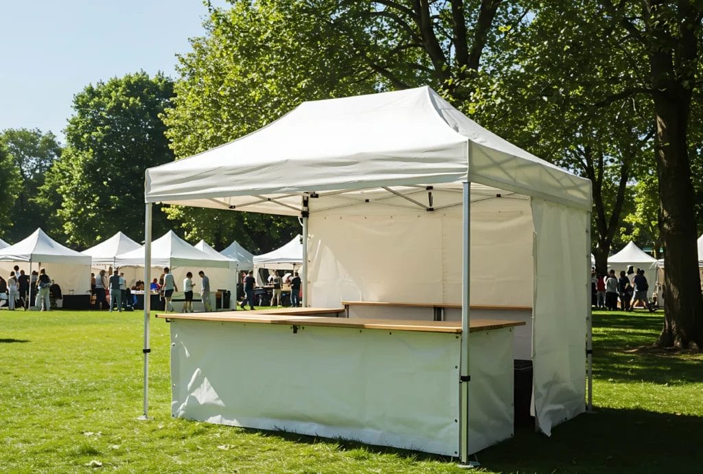 A white vendor tent set up on green grass at an outdoor festival with white tents and event attendees in the background.