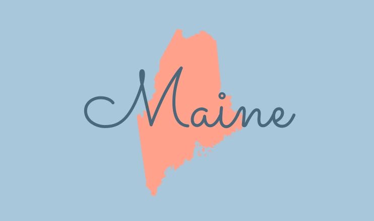 The name "Maine" over a graphic of the state on a blue background.