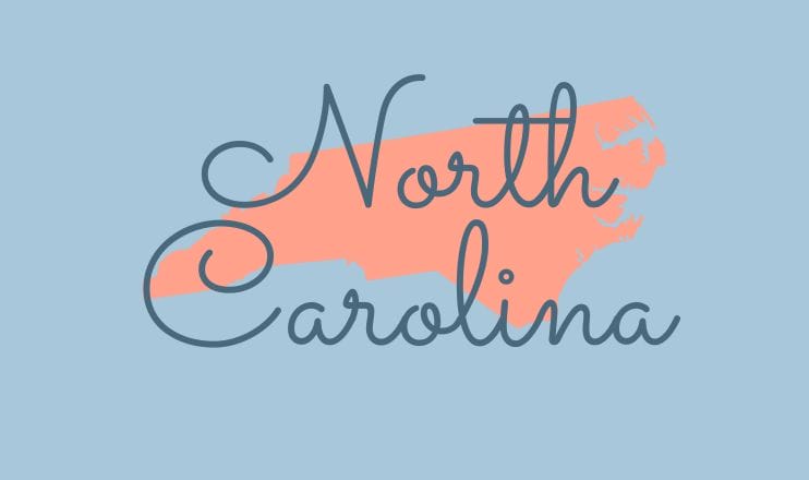 The name "North Carolina" over a graphic of the state on a blue background.
