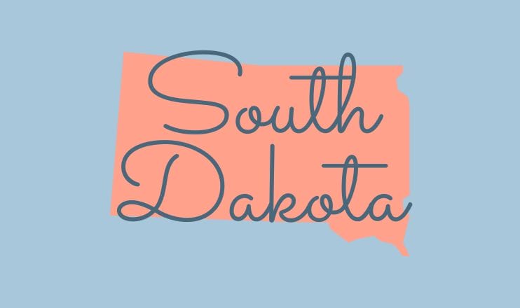 The name "South Dakota" over a graphic of the state on a blue background.