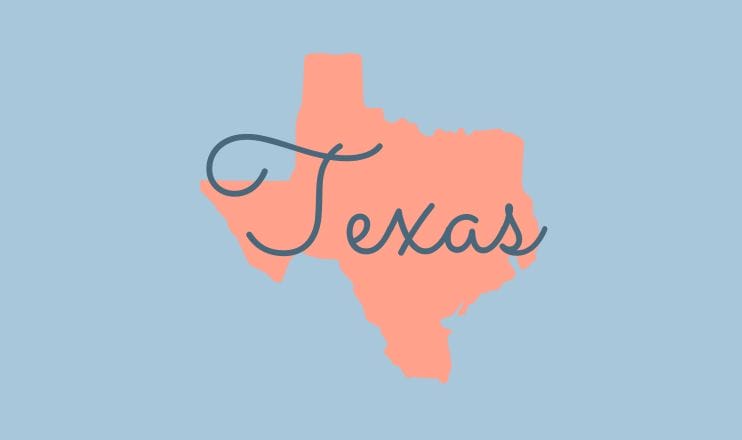 The name "Texas" over a graphic of the state on a blue background.