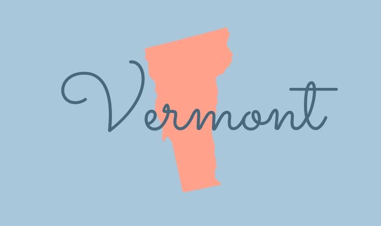 The name "Vermont" over a graphic of the state on a blue background.