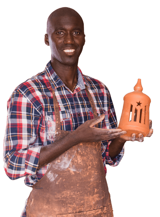 An artist with ceramic art.