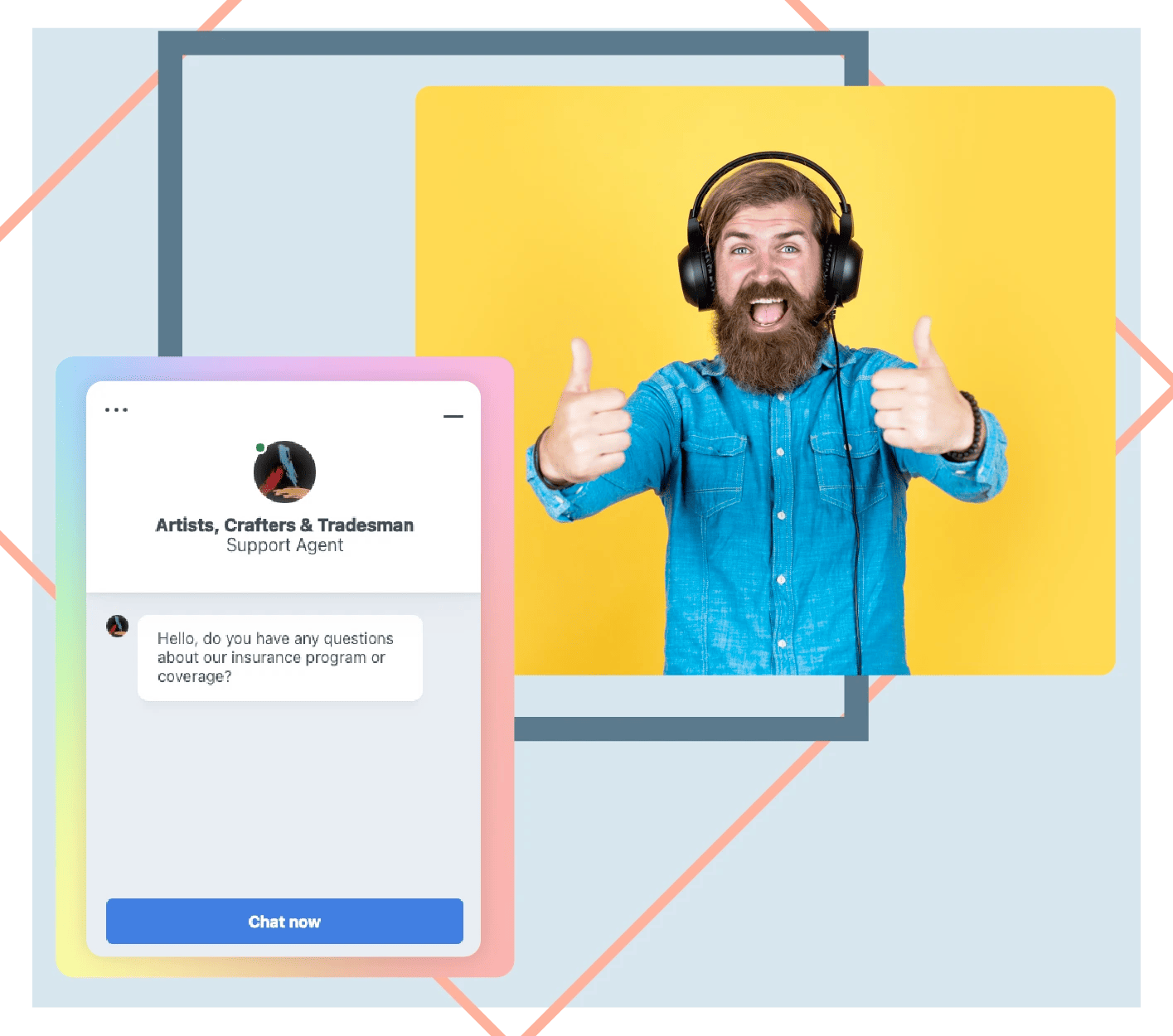 An ACT Customer Service Rep Stands by with thumbs up beside a floating image of the ACT Chatbox.