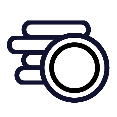 Minimalist icon with stacked horizontal lines behind a large circle representing movement or layers.