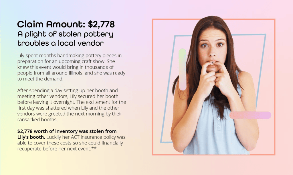 An image depicting a jewelry business' booth at a Virginia craft fair was ambushed by bad weather blowing over and damaging other booths along the way. ACT's Artist booth insurance covered $10,397 in damages to her and her fellow vendors.