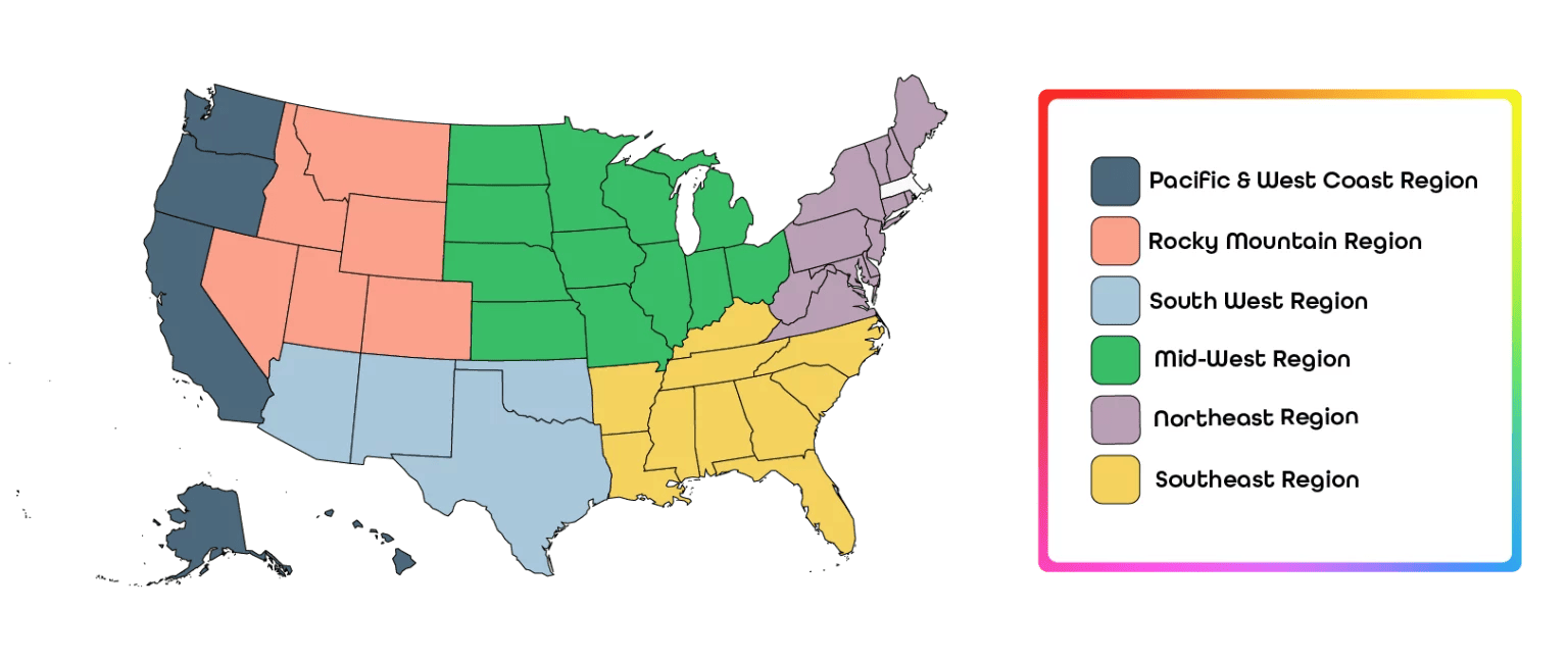 A color-coded map of the United States, divided into six regions.