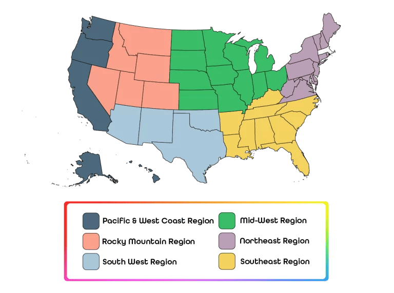 A color-coded map of the United States, divided into six regions.