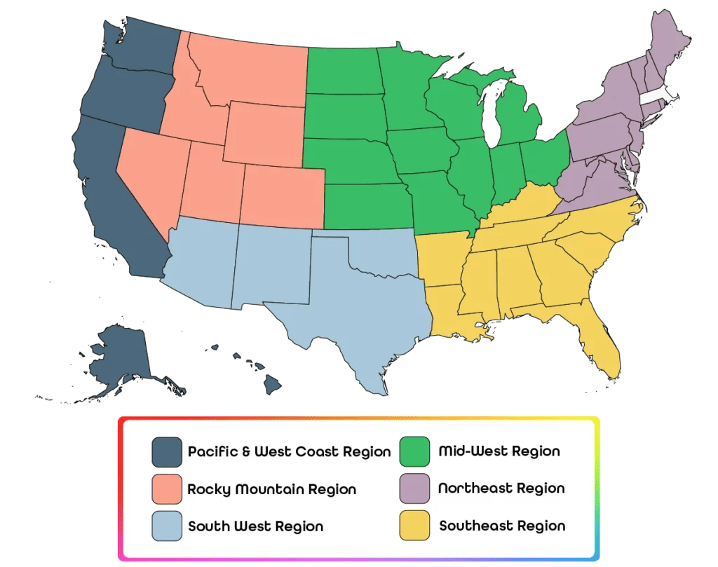 a map of the US divided into 6 regions.