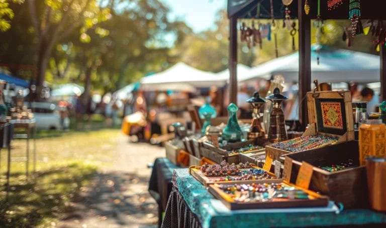 Handcrafted glass and jewelry ware are on display in an indie vendor's booth at an outdoor market.