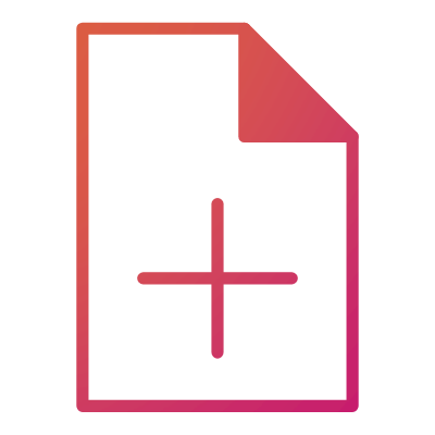 Pink and orange gradient icon of a document with a plus sign.