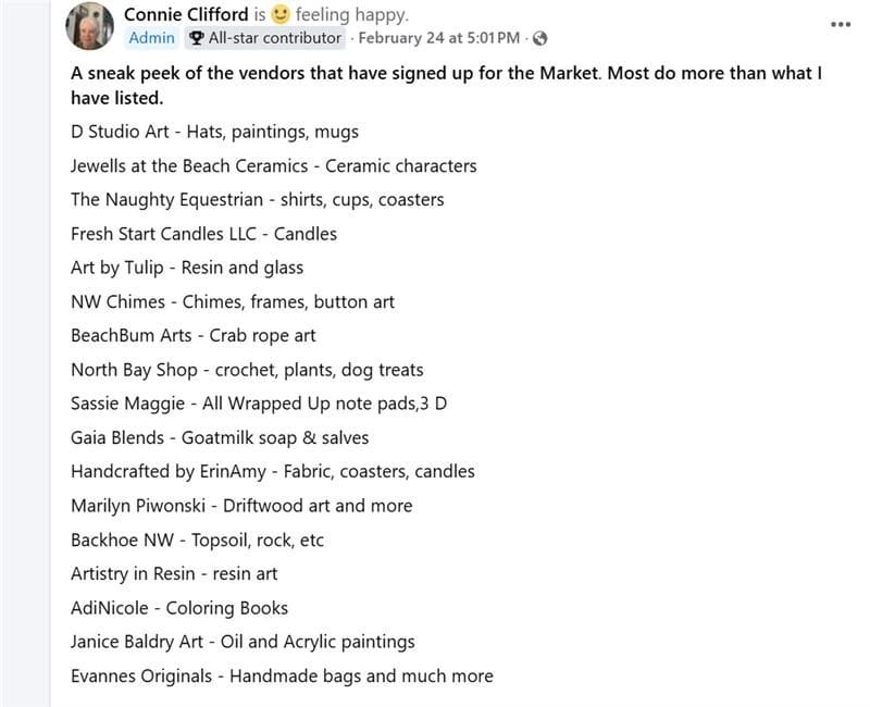 A screenshot from Connie's post in the Ocean Shores City Market Facebook Group where she is highlighting some of the upcoming vendors for their 2025 season.