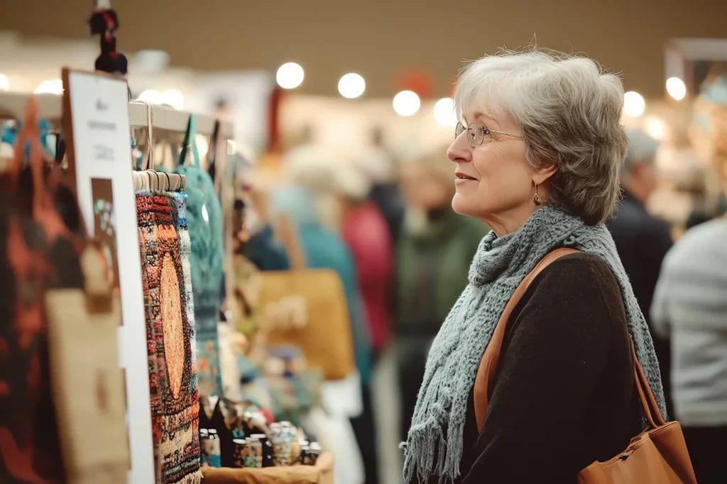 Elderly woman looks at handmade crafts at an art expo.