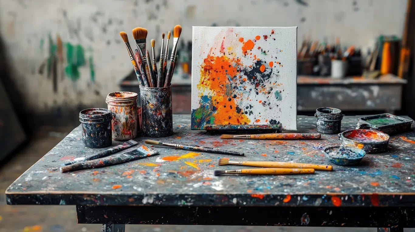 Colorful artist workspace with various tools and supplies.