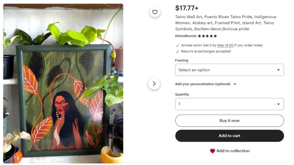 An Etsy listing showing a green-framed art print of a Taino woman surrounded by orange and green foliage. The piece is displayed with green houseplants against a white slatted wall. To the right, text is displayed with the price, piece name, and other product details.