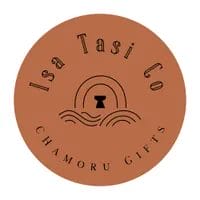 A brown and black logo depicting a latte stone, waves, and a rainbow in a circle. Text reads, "Isa Tasi Co Chamoru Gifts."
