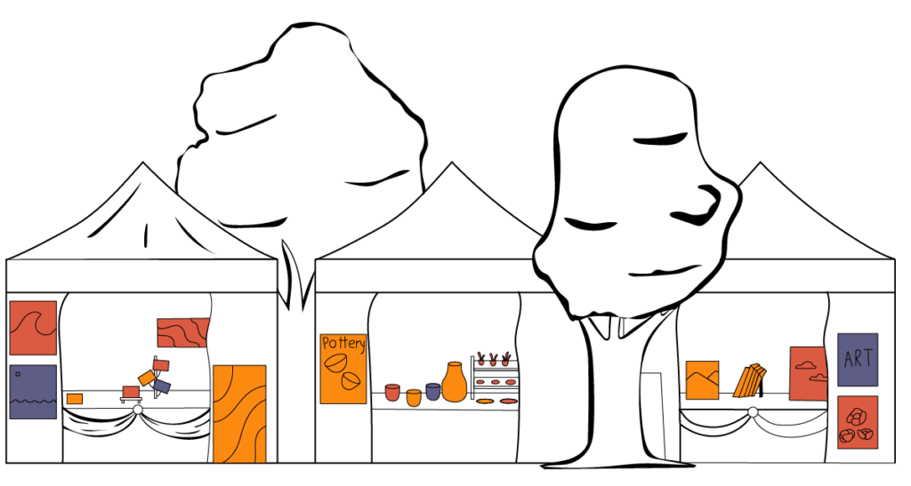 Three vendor booths in a row.