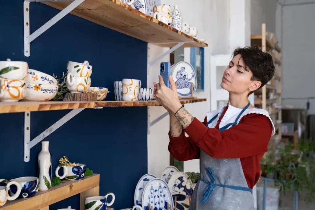 An artist wearing a red sweatshirt and a blue apron takes a photo of floral-painted ceramics on a wooden shelf with their smartphone.