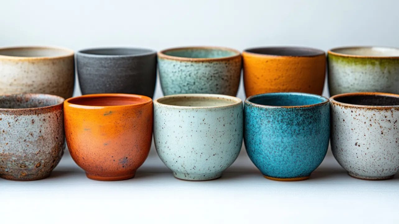 Two rows of colorful ceramic speckled mugs in hues of orange, blue, and brown sit atop a white surface.