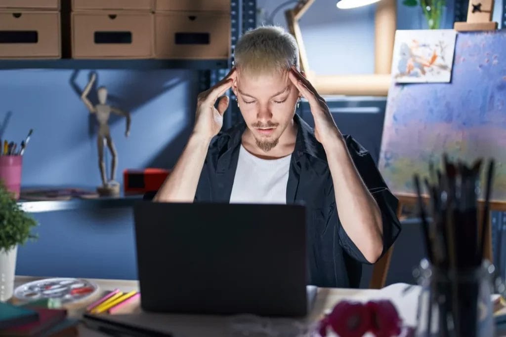 An artist wearing a white shirt and a navy button-up massages his temples while sitting in front of his studio desk with an open laptop and art tools.