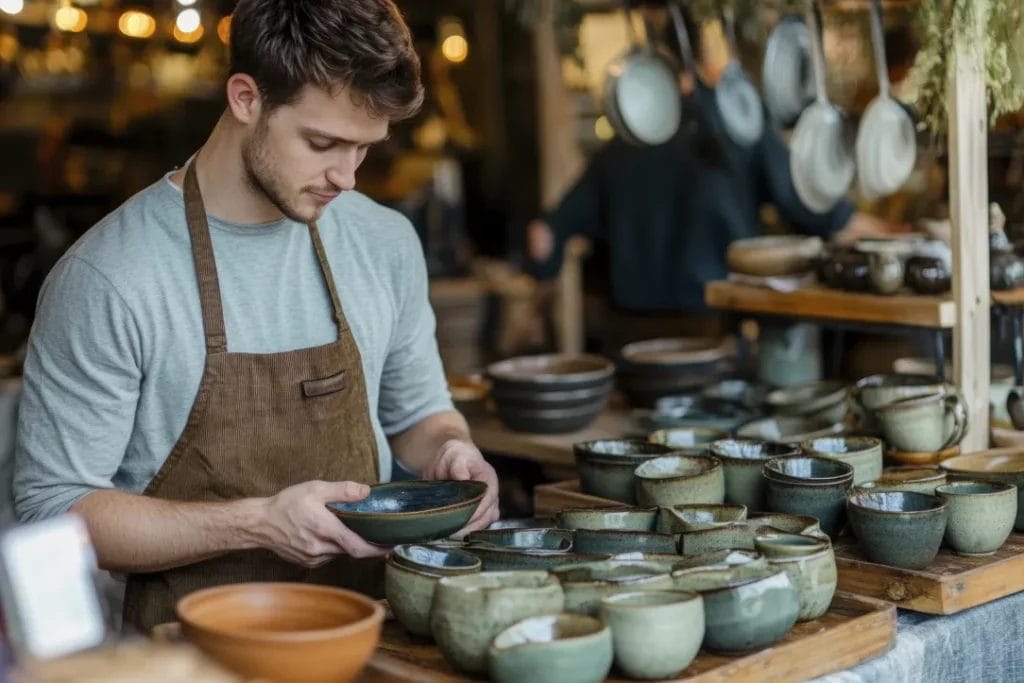 An artist wearing a gray shirt and brown apron holds a teal bowl at his crafter's booth, which displays ceramic bowls in shades of brown, mint, and green.