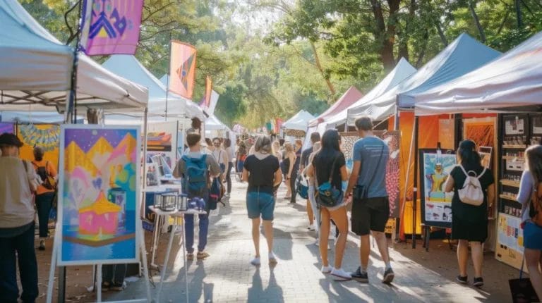 An outdoor art festival with white canopies over various art stalls and attendees walking through the center walkway.