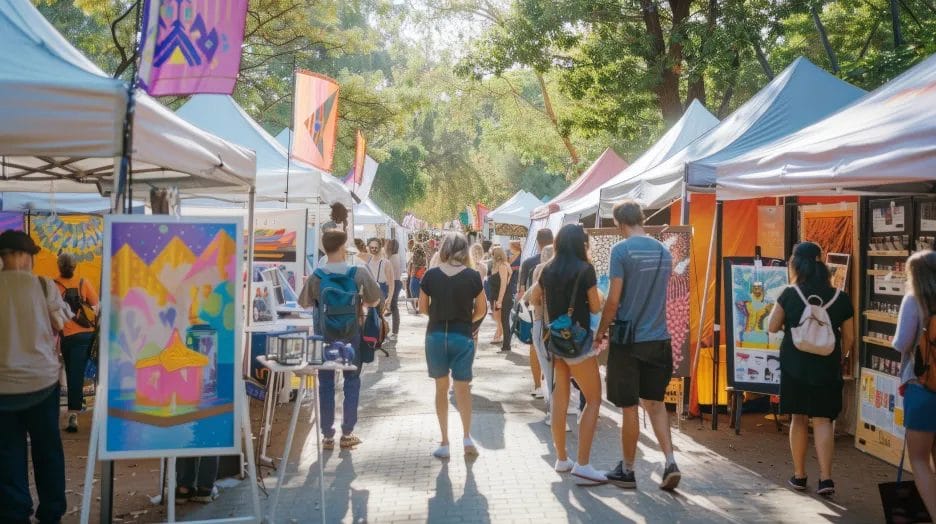 An outdoor art festival with white canopies over various art stalls and attendees walking through the center walkway.