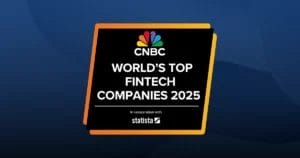 A black and yellow graphic on a blue background reading "CNBC. World's Top Fintech Companies 2025. In cooperation with Statista."