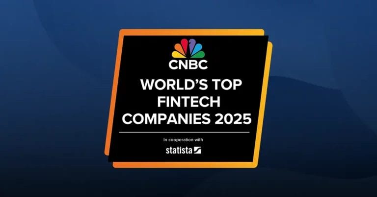 A black and yellow graphic on a blue background reading "CNBC. World's Top Fintech Companies 2025. In cooperation with Statista."