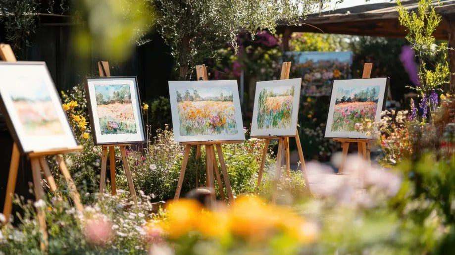 An outdoor art fair with framed painted canvases on wooden easels displayed in a garden with blooming flowers and greenery.