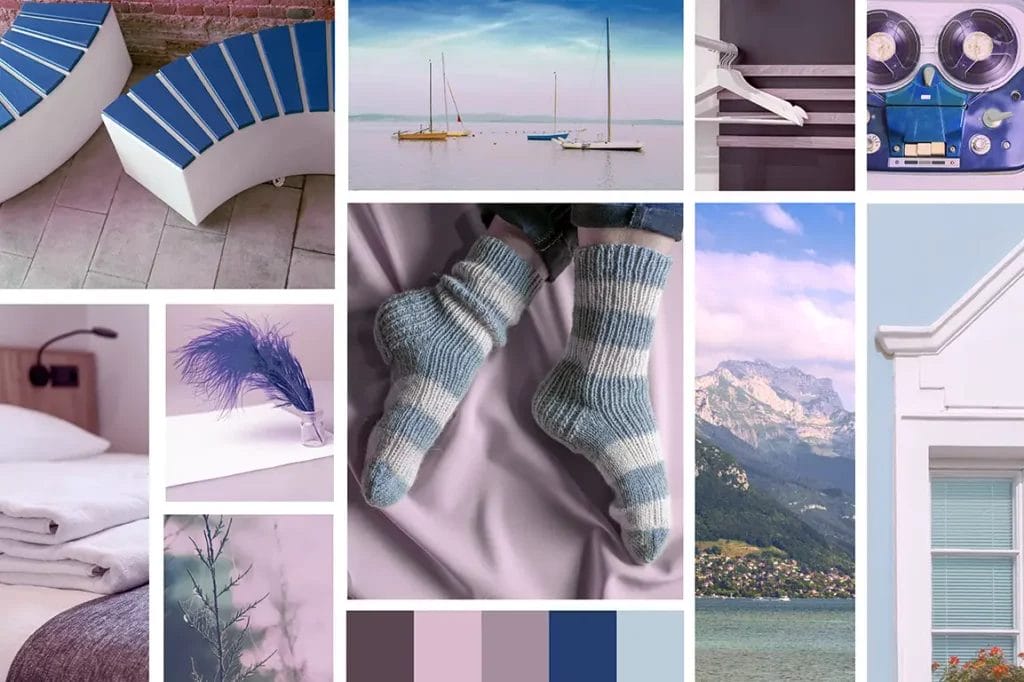 mood board with lifestyle images and color gradients in blues, purples, and creams