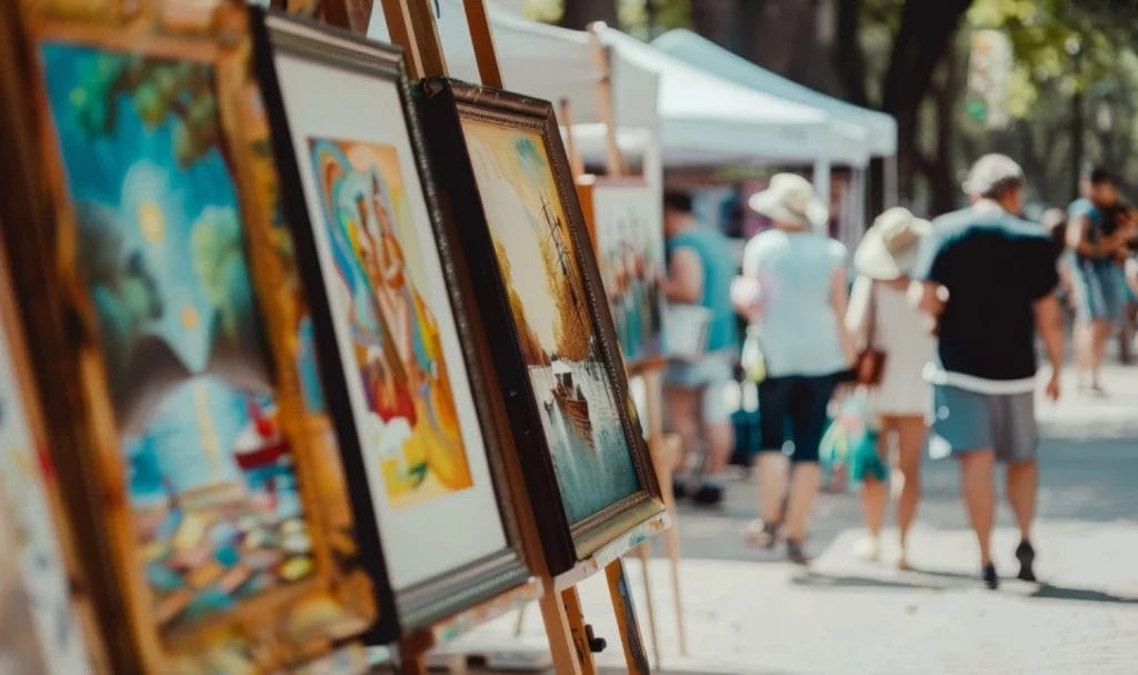 customers walking ahead of easels with paintings on them at an art festival