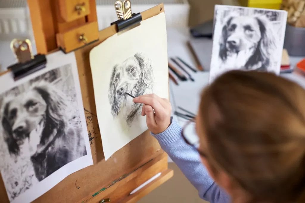 An artist sketches a black-and-white portrait of a dog on a wooden easel.