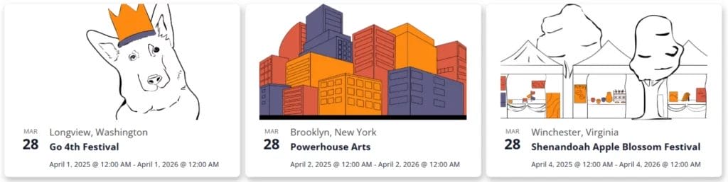 three boxes with illustrations, dates, times, titles, and locations of art shows