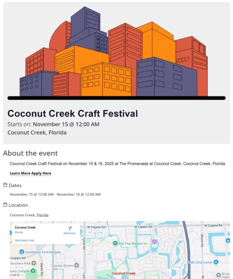 screenshot of an event listing for a craft show with information about the event, dates, location, and a map